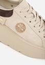 Beżowe Sneakersy Skórzane na Grubej Podeszwie z Plecionym Paskiem i Ozdobą Chalessei