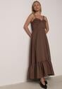 Brązowa Bawełniana Sukienka o Rozkloszowanym Kroju na Wiązanych Ramiączkach Milalisa