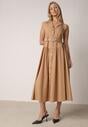 Beżowa Koszulowa Sukienka Bez Rękawów z Wiskozy i Bawełny z Paskiem Suranon