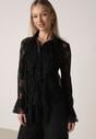 Czarna Koszula Koronkowa z Wiskozy z Bawełną Ozdobiona Falbanami Hermerine