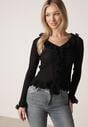 Czarna Prążkowana Bluzka z Wiskozą Ozdobiona Falbanami Pronasia