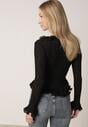 Czarna Prążkowana Bluzka z Wiskozą Ozdobiona Falbanami Pronasia