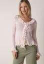 Różowa Prążkowana Bluzka z Wiskozą Ozdobiona Falbanami Pronasia