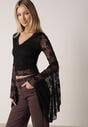 Czarna Koronkowa Bluzka z Rozkloszowanymi Długimi Rękawami Ablea