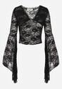Czarna Koronkowa Bluzka z Rozkloszowanymi Długimi Rękawami Ablea