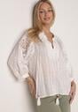 Biała Rustykalna Bluzka z Tencelu Ozdobiona Wiązaniem Koronką i Koralikami Sachi
