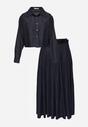 Granatowy Bawełniano-Wiskozowy Komplet z Imitacji Jeansu Spódnica z Paskiem i Koszula Peshophi