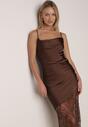 Brązowa Koktajlowa Sukienka z Satyny Ozdobiona Koronką Palinca