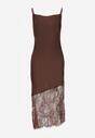 Brązowa Koktajlowa Sukienka z Satyny Ozdobiona Koronką Palinca