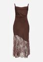 Brązowa Koktajlowa Sukienka z Satyny Ozdobiona Koronką Palinca