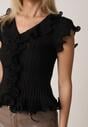 Czarna Prążkowana Bluzka z Wiskozą Ozdobiona Falbanami Delestra
