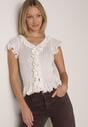 Biała Prążkowana Bluzka z Wiskozą Ozdobiona Falbanami Delestra