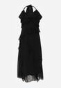 Czarna Koktajlowa Sukienka Taliowana z Falbankami Wiązana na Szyi Demeina