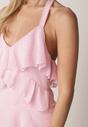 Różowa Koktajlowa Sukienka Taliowana z Falbankami Wiązana na Szyi Demeina