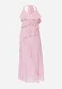 Różowa Koktajlowa Sukienka Taliowana z Falbankami Wiązana na Szyi Demeina
