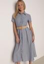 Niebieska Sukienka Koszulowa z Krótkim Rękawem i Paskiem z Klamrą Orethea