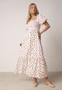 Beżowa Sukienka Bawełniana o Rozkloszowanym Kroju z Bufiastymi Rękawami w Groszki Lorairian