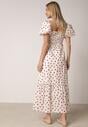 Beżowa Sukienka Bawełniana o Rozkloszowanym Kroju z Bufiastymi Rękawami w Groszki Lorairian