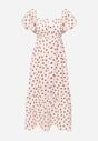 Beżowa Sukienka Bawełniana o Rozkloszowanym Kroju z Bufiastymi Rękawami w Groszki Lorairian