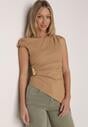 Beżowa Bawełniana Bluzka o Asymetrycznym Marszczonym Kroju z Aplikacją Omphasia