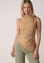 Beżowa Bawełniana Bluzka o Asymetrycznym Marszczonym Kroju z Aplikacją Omphasia