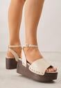 Beżowe Sandały na Koturnie i Platformie Ozdobione Nitami Rhethe