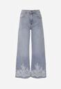 Niebieskie Szerokie Jeansy z Ozdobnym Boho Nadrukiem na Nogawkach Asoochis