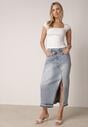 Niebieska Jeansowa Spódnica z Bawełną Wysokim Stanem i Rozcięciem na Nogę  Vikinori