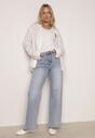 Niebieskie Jeansy Szerokie z Wysokim Stanem Ozdobione Przeszyciami Aikaea