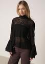 Czarna Wiskozowa Bluzka z Koronki z Bawełną Kokardą i Rozszerzanymi Rękawami Andrice