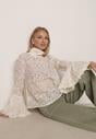 Beżowa Wiskozowa Bluzka z Koronki z Bawełną Kokardą i Rozszerzanymi Rękawami Andrice