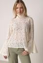 Beżowa Wiskozowa Bluzka z Koronki z Bawełną Kokardą i Rozszerzanymi Rękawami Andrice