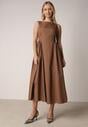 Brązowa Sukienka Bawełniana o Rozkloszowanym Fasonie z Dekoltem Łódką i Kieszeniami Elenira