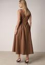 Brązowa Sukienka Bawełniana o Rozkloszowanym Fasonie z Dekoltem Łódką i Kieszeniami Elenira
