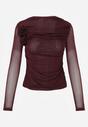 Bordowa Bluzka Siateczkowa z Marszczeniem i Kwiatową Aplikacją Nelimor