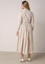 Beżowa Bawełniano-Wiskozowa Sukienka Koszulowa z Imitacją Kieszeni Biriala