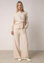Beżowy Wiskozowy Komplet Asymetryczna Koszula i Spodnie z Kieszeniami Moneia