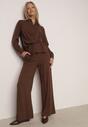 Brązowy Wiskozowy Komplet Asymetryczna Koszula i Spodnie z Kieszeniami Moneia