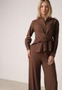 Brązowy Wiskozowy Komplet Asymetryczna Koszula i Spodnie z Kieszeniami Moneia