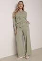 Zielony Wiskozowy Komplet Asymetryczna Koszula i Spodnie z Kieszeniami Moneia