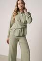 Zielony Wiskozowy Komplet Asymetryczna Koszula i Spodnie z Kieszeniami Moneia