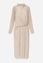 Beżowa Wiskozowa Sukienka Koszulowa z Marszczeniem i Guzikiem w Talii Lennatha
