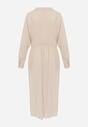 Beżowa Wiskozowa Sukienka Koszulowa z Marszczeniem i Guzikiem w Talii Lennatha
