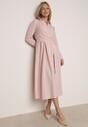 Różowa Koszulowa Sukienka z Wiskozy z Ozdobnym Marszczeniem w Talii Batena