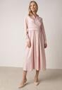 Różowa Koszulowa Sukienka z Wiskozy z Ozdobnym Marszczeniem w Talii Batena