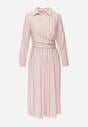 Różowa Koszulowa Sukienka z Wiskozy z Ozdobnym Marszczeniem w Talii Batena