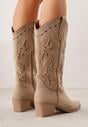 Ciemnobeżowe Botki Kowbojki na Stożku z Imitacji Zamszu z Ażurowymi Wstawkami  Crela