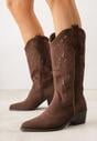 Brązowe Botki Kowbojki na Stożku z Imitacji Zamszu z Ażurowymi Wstawkami  Crela