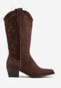 Brązowe Botki Kowbojki na Stożku z Imitacji Zamszu z Ażurowymi Wstawkami  Crela