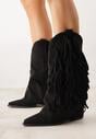 Czarne Botki Typu Kowbojki na Obcasie z Wywiniętą Cholewką i Frędzlami Uemiris